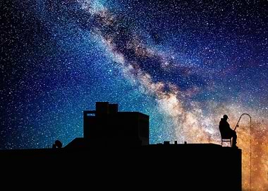 man fishing in space