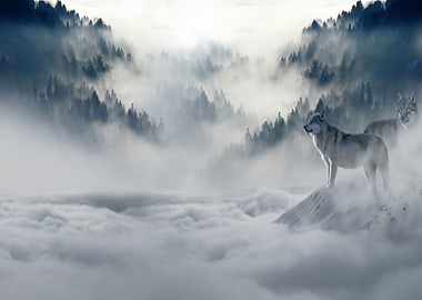 Wolves in Foggy Forest
