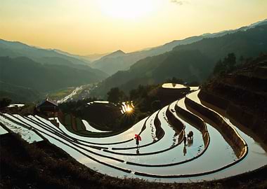 Ethnic couple on terraces