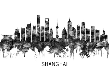 Shanghai China Skyline BW