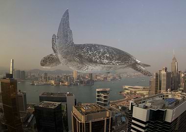Turtle flying over city