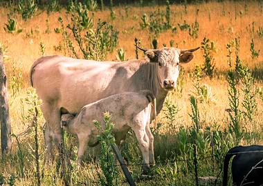 Cow feeding baby calf