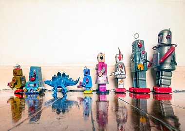 robot toys ans a dinosaur