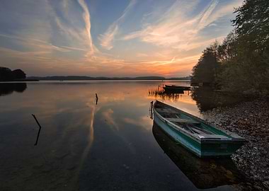 Sunset Lake With Fisherman