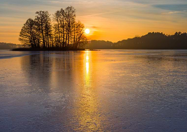 Frozen Lake At Sunrise Or