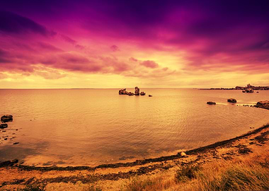 Purple Sunset Over Beach W
