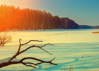 Snowy Field At Sunset With
