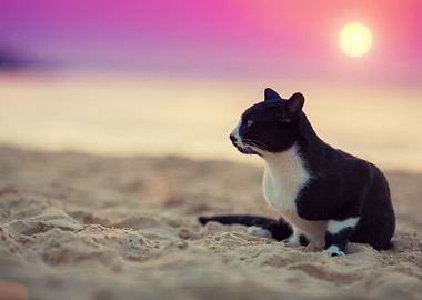 Cat Sitting On The Beach A