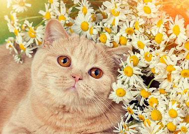 Portrait Of Cat With Flowe