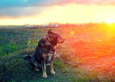 Dog Gazing Sunset In Count