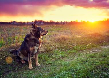 Dog Gazing Sunset In Count