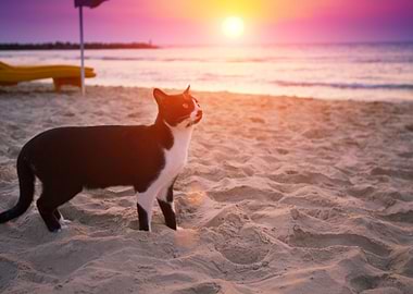 Cat Walking On The Beach A