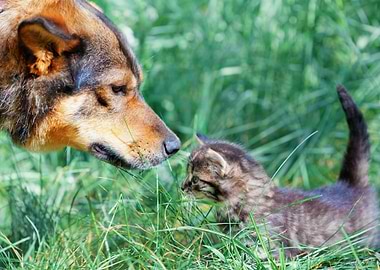 Cat And Dog Playing On The
