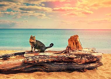 Cat On A Snag At The Beach