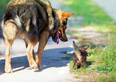 Cat And Dog Playing On The