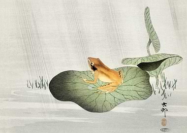 Frog on Lotus leaf woodcut