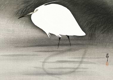 Egret in swamp woodblock