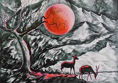THE DEER IN RED MOONLIGHT