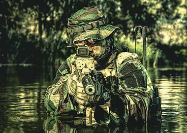 Bearded soldier in action