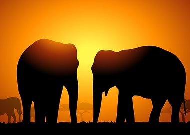 Two Elephants at Sunset
