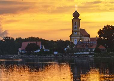 Golden sunset with chruch