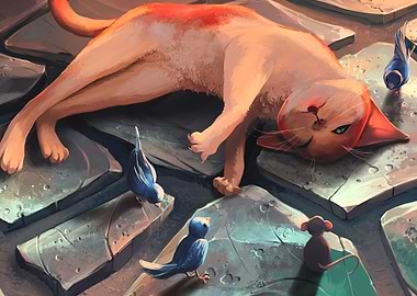 Cat and birds painting