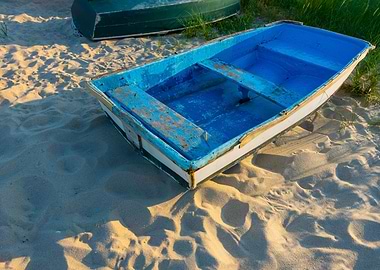 row boat sunny sandy shore