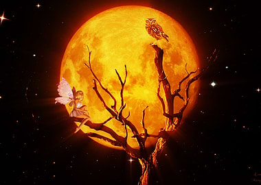 Fairy Girl Tree Owl Moon