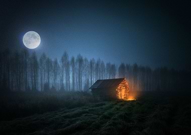 Man Made Cabin Field Night