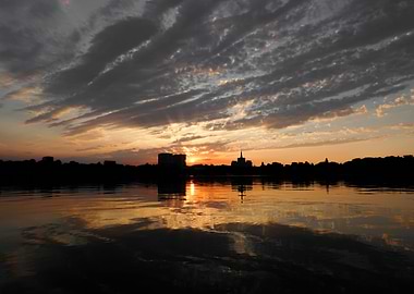 City skyline at sunset