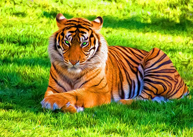 Tiger Laying on Grass