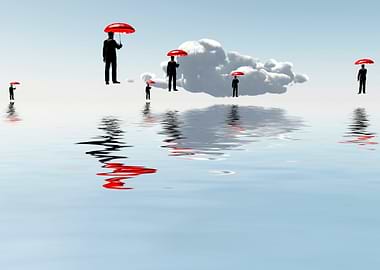 Men with red umbrellas