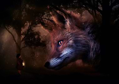 Little girl and fox head