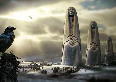 Crow and 4 giant statues