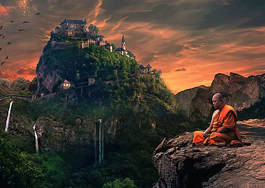 Buddisht monk with castle