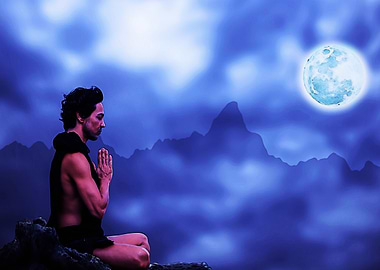 Man meditates and the moon