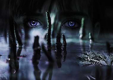 Eyes in a cave with a frog