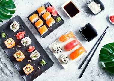 Sashimi uramaki and nigiri