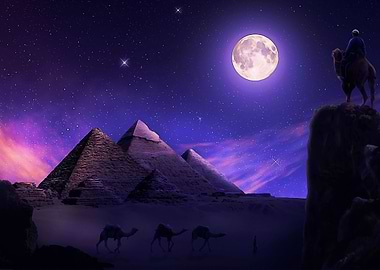 Giza pyramids night sky' Poster, picture, metal print, paint