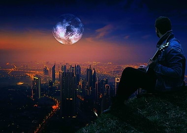 Guitar at night city