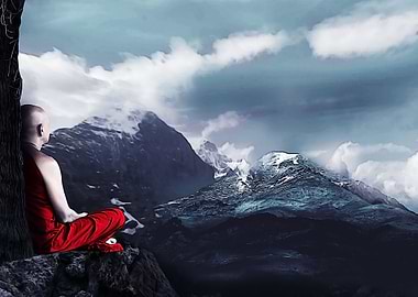 Monk meditate on tree