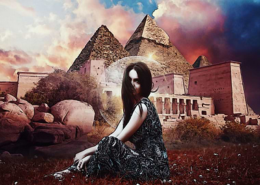 Woman seated front pyramid