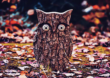 Wooden owl and dead leaf