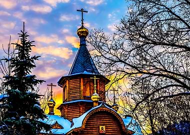 Wooden Chapel At Sunset