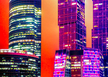 Blue Skyscrapers Red Night