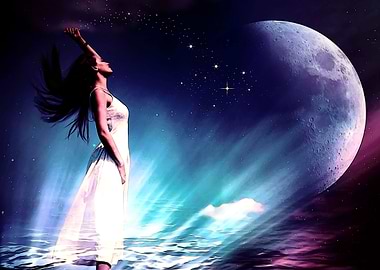 Woman in water and moon