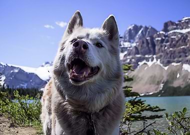 Husky dog and mountains