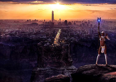 Woman with staff and city