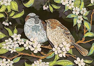 Sparrows in the Plum Tree