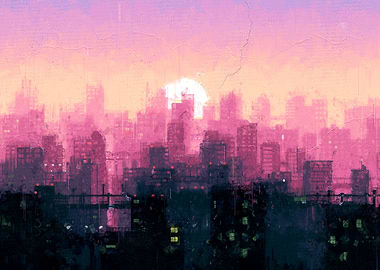 Flat Art City With Sunset